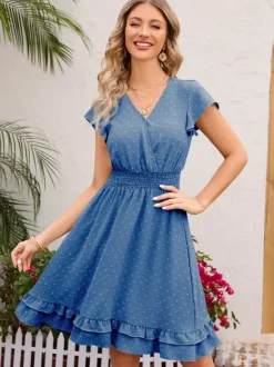 Soft Pink Ruffled Hem V-neck Midi Dress With Shirred Waist 2026