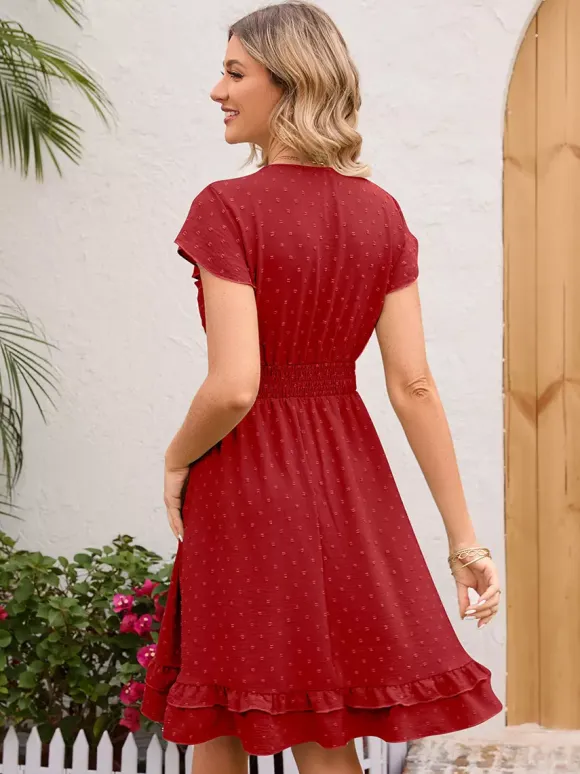 Soft Pink Ruffled Hem V-neck Midi Dress With Shirred Waist 2026