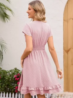 Soft Pink Ruffled Hem V-neck Midi Dress With Shirred Waist 2026