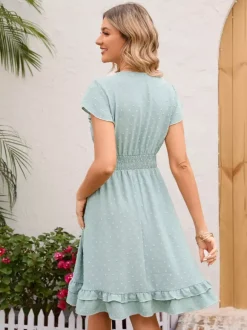 Soft Pink Ruffled Hem V-neck Midi Dress With Shirred Waist 2026