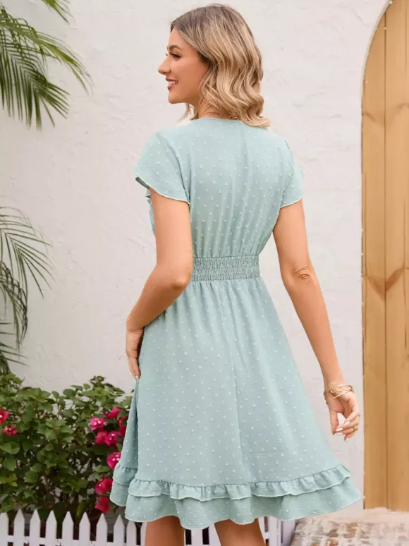 Soft Pink Ruffled Hem V-neck Midi Dress With Shirred Waist 2026