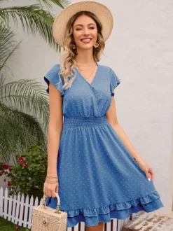 Soft Pink Ruffled Hem V-neck Midi Dress With Shirred Waist 2026
