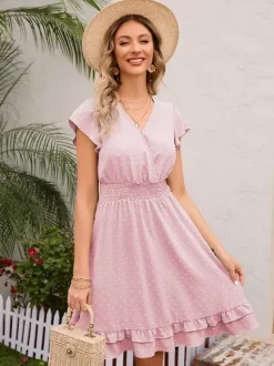 Soft Pink Ruffled Hem V-neck Midi Dress With Shirred Waist 2026