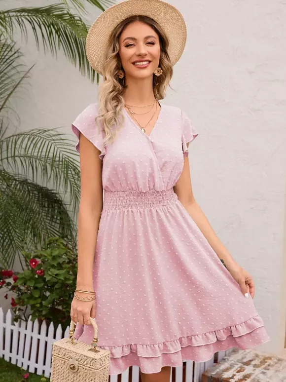 Soft Pink Ruffled Hem V-neck Midi Dress With Shirred Waist 2026