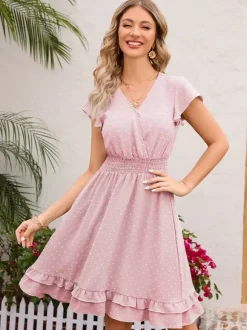 Soft Pink Ruffled Hem V-neck Midi Dress With Shirred Waist 2026