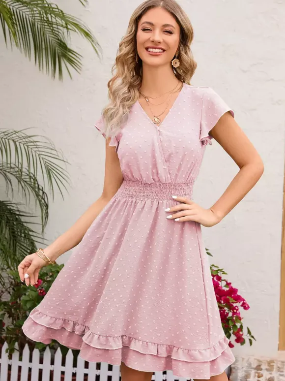 Soft Pink Ruffled Hem V-neck Midi Dress With Shirred Waist 2026
