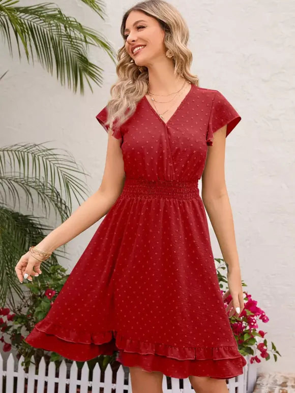 Soft Pink Ruffled Hem V-neck Midi Dress With Shirred Waist 2026