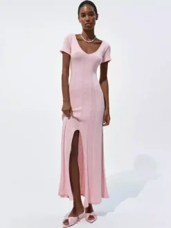 Soft Pink V Neck Knit Maxi Dress For Women Elegant Daily Style