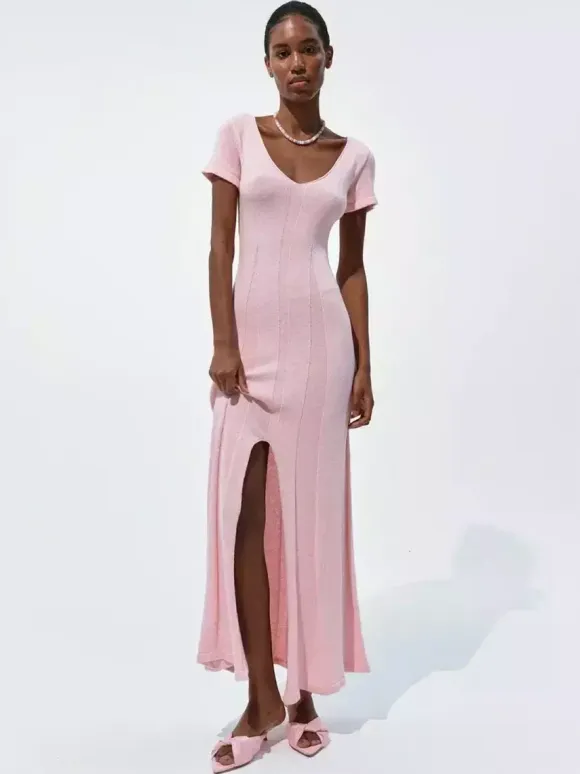 Soft Pink V Neck Knit Maxi Dress For Women Elegant Daily Style