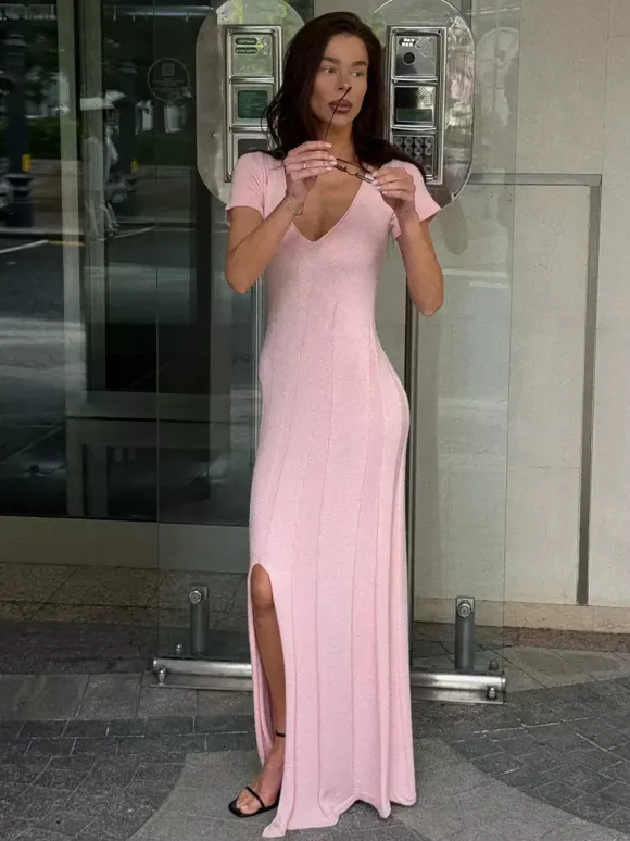Soft Pink V Neck Knit Maxi Dress For Women Elegant Daily Style