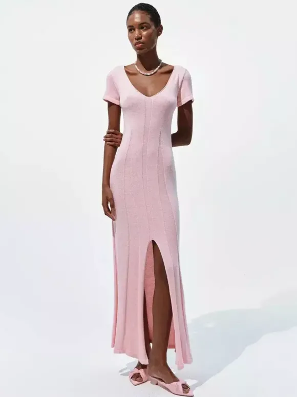 Soft Pink V Neck Knit Maxi Dress For Women Elegant Daily Style