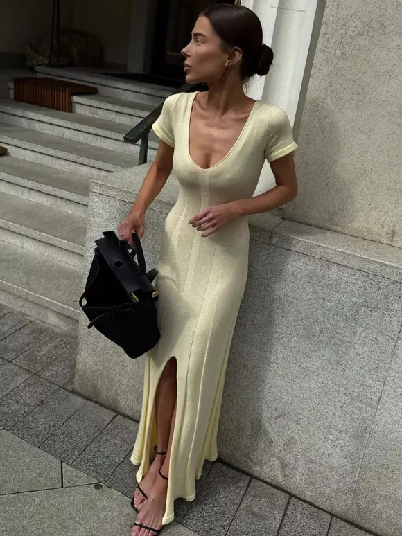 Soft Pink V Neck Knit Maxi Dress For Women Elegant Daily Style