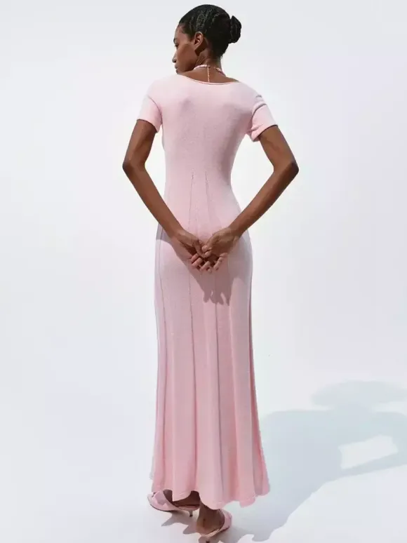 Soft Pink V Neck Knit Maxi Dress For Women Elegant Daily Style