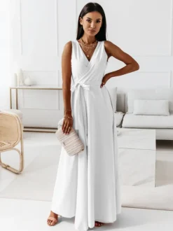 Soft Pink V-Neck Dresses Lace Up Sleeveless Layered Prom Maxi Dress 2026