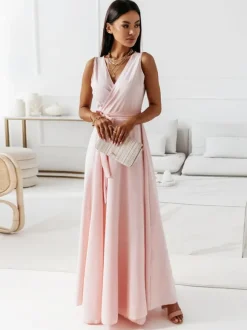 Soft Pink V-Neck Dresses Lace Up Sleeveless Layered Prom Maxi Dress 2026