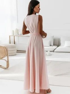 Soft Pink V-Neck Dresses Lace Up Sleeveless Layered Prom Maxi Dress 2026