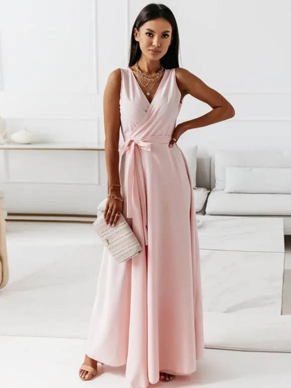 Soft Pink V-Neck Dresses Lace Up Sleeveless Layered Prom Maxi Dress 2026