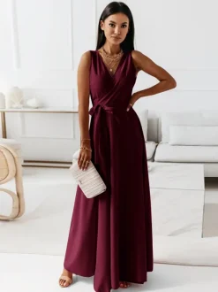 Soft Pink V-Neck Dresses Lace Up Sleeveless Layered Prom Maxi Dress 2026