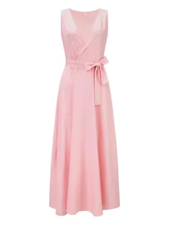 Soft Pink V-Neck Dresses Lace Up Sleeveless Layered Prom Maxi Dress 2026