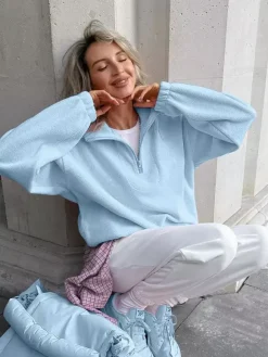 Soft Fuzzy Half Zip Sweatshirt Loose Fit Rib Cuff Long Sleeve Casual Daily Top