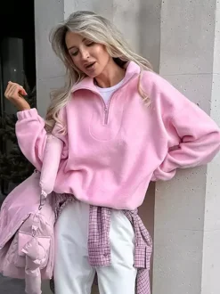 Soft Fuzzy Half Zip Sweatshirt Loose Fit Rib Cuff Long Sleeve Casual Daily Top