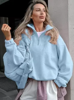 Soft Fuzzy Half Zip Sweatshirt Loose Fit Rib Cuff Long Sleeve Casual Daily Top