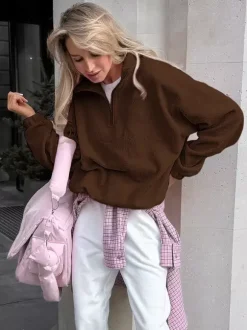 Soft Fuzzy Half Zip Sweatshirt Loose Fit Rib Cuff Long Sleeve Casual Daily Top