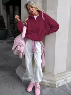 Soft Fuzzy Half Zip Sweatshirt Loose Fit Rib Cuff Long Sleeve Casual Daily Top