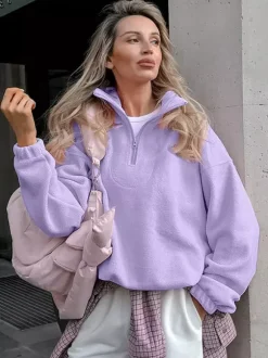 Soft Fuzzy Half Zip Sweatshirt Loose Fit Rib Cuff Long Sleeve Casual Daily Top
