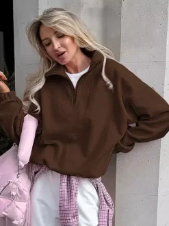 Soft Fuzzy Half Zip Sweatshirt Loose Fit Rib Cuff Long Sleeve Casual Daily Top
