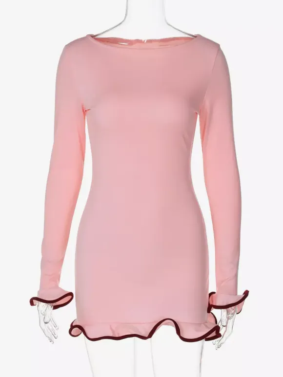 Soft Pink Bodycon Dress Elegant Pleated Long Sleeves Mini Dress For Women 2026