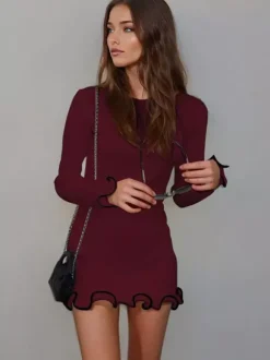 Soft Pink Bodycon Dress Elegant Pleated Long Sleeves Mini Dress For Women 2026