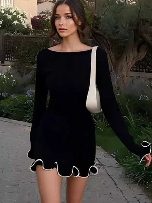 Soft Pink Bodycon Dress Elegant Pleated Long Sleeves Mini Dress For Women 2026