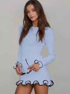 Soft Pink Bodycon Dress Elegant Pleated Long Sleeves Mini Dress For Women 2026