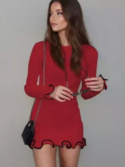 Soft Pink Bodycon Dress Elegant Pleated Long Sleeves Mini Dress For Women 2026