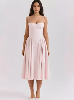 Soft Pink Corset Dress Spaghetti Strap Backless Pleated Cottagecore Midi Dress 2026