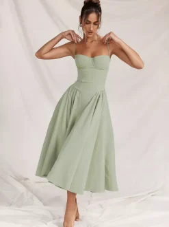 Soft Pink Corset Dress Spaghetti Strap Backless Pleated Cottagecore Midi Dress 2026