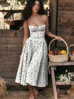 Soft Pink Corset Dress Spaghetti Strap Backless Pleated Cottagecore Midi Dress 2026