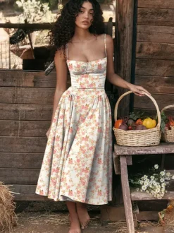 Soft Pink Corset Dress Spaghetti Strap Backless Pleated Cottagecore Midi Dress 2026