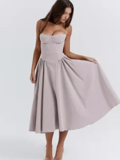 Soft Pink Corset Dress Spaghetti Strap Backless Pleated Cottagecore Midi Dress 2026