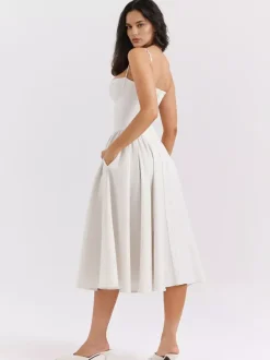Soft Pink Corset Dress Spaghetti Strap Backless Pleated Cottagecore Midi Dress 2026