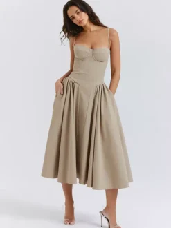 Soft Pink Corset Dress Spaghetti Strap Backless Pleated Cottagecore Midi Dress 2026