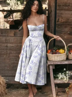 Soft Pink Corset Dress Spaghetti Strap Backless Pleated Cottagecore Midi Dress 2026