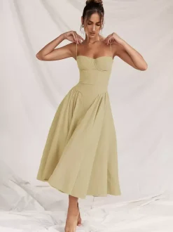 Soft Pink Corset Dress Spaghetti Strap Backless Pleated Cottagecore Midi Dress 2026