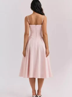 Soft Pink Corset Dress Spaghetti Strap Backless Pleated Cottagecore Midi Dress 2026