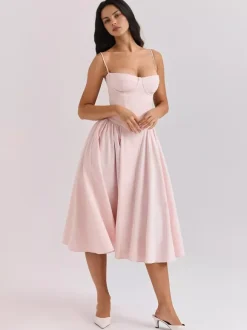 Soft Pink Corset Dress Spaghetti Strap Backless Pleated Cottagecore Midi Dress 2026