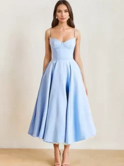 Soft Pink Corset Midi Dress Sweetheart Neck Straps A-line Birthday Party Dress For Women 2026