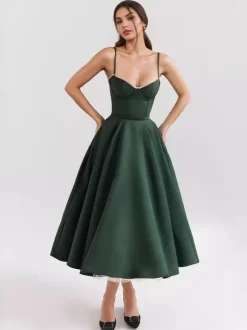 Soft Pink Corset Midi Dress Sweetheart Neck Straps A-line Birthday Party Dress For Women 2026