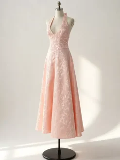 Soft Pink Floral Midi Dress Halter Summer A-line Vintage Dress For Women 2026