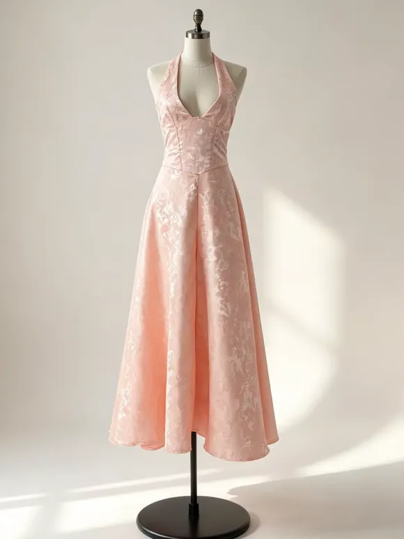 Soft Pink Floral Midi Dress Halter Summer A-line Vintage Dress For Women 2026